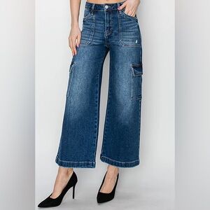 RISEN High Rise Cropped Wide Leg Ankle Pant Blue Women’s Size 1XL